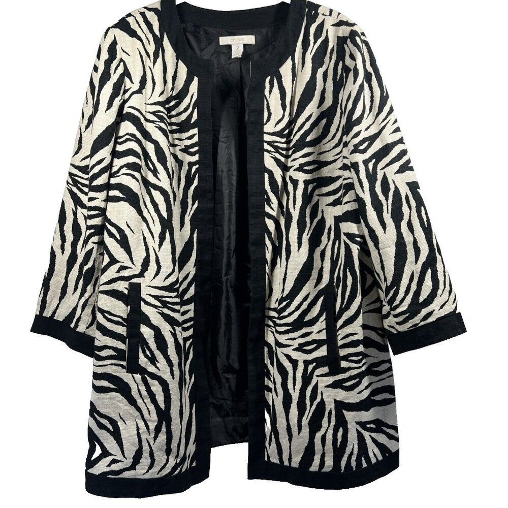 Chicos Womens Jacket Size Large Zebra Black Ivory Lined Long Sleeve Coat Pockets